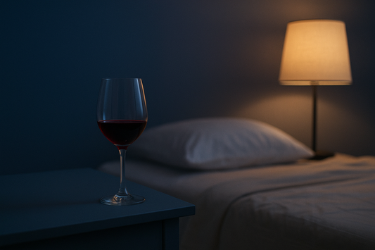 A glass of wine on a nightstand beside an unmade bed, symbolizing how alcohol disrupts healthy sleep and REM rest.