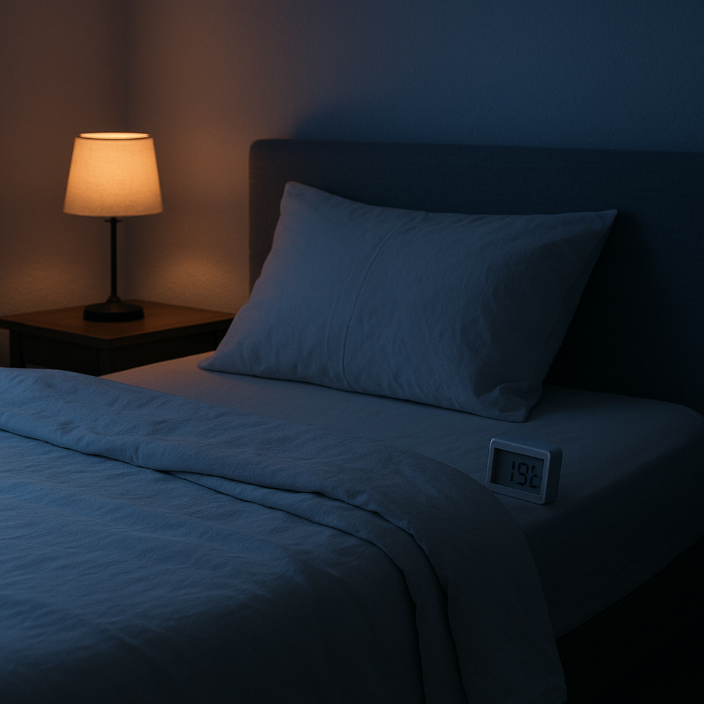 A calm bedroom softly lit with warm and cool tones, showing a bed and thermometer set to 19°C — the ideal temperature for deep sleep.