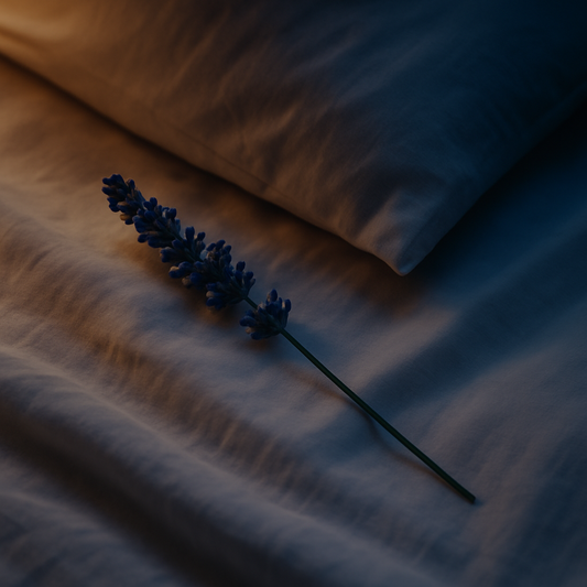 A lavender sprig resting on soft bedding, symbolizing how lavender scent supports calm and better sleep quality.