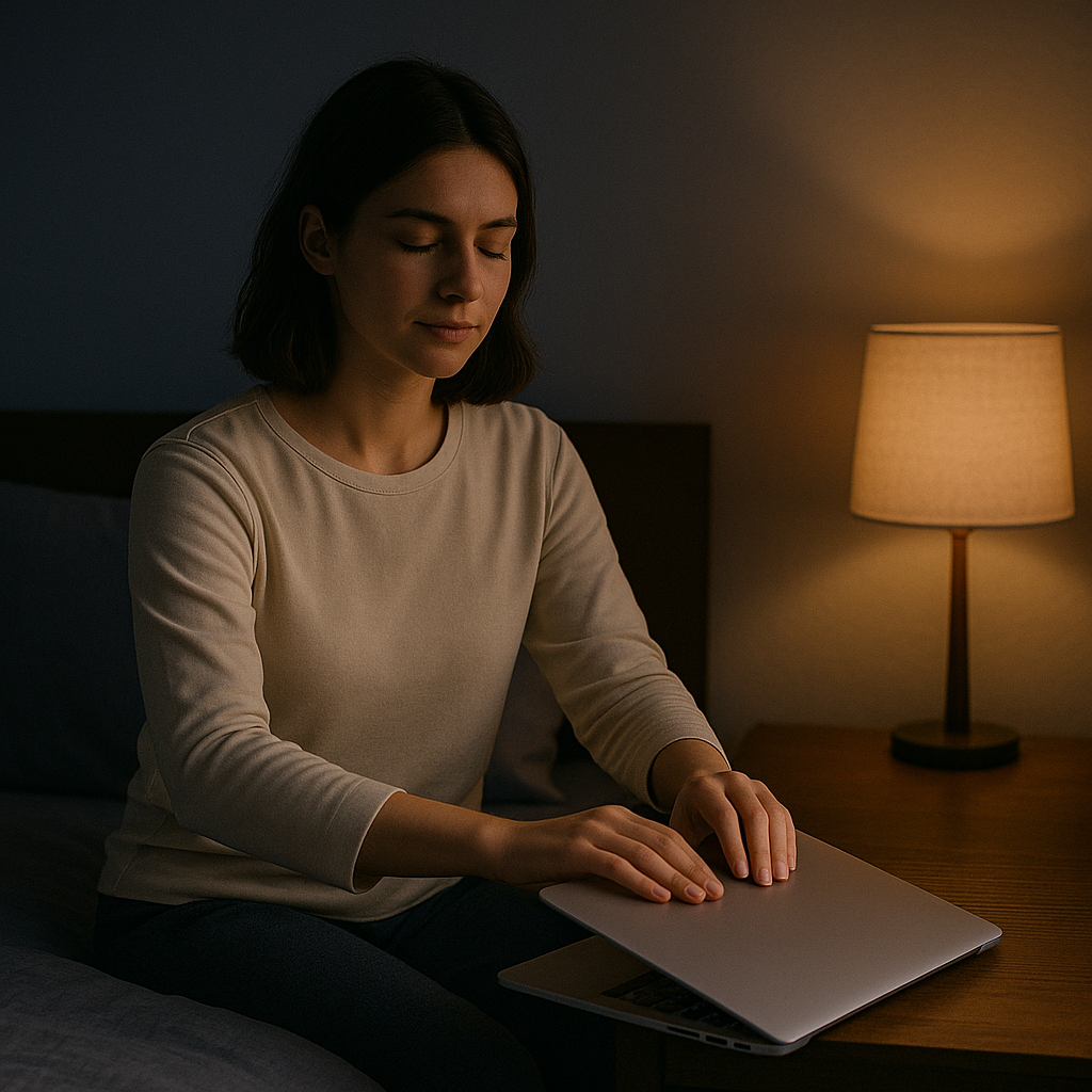 Young woman closing her laptop before bed, following the 3-2-1 sleep rule to reduce screen time and improve sleep quality.
